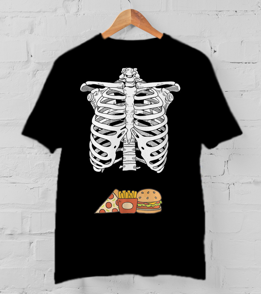 Skeleton Eating Pizza Fries And Burger T-Shirt