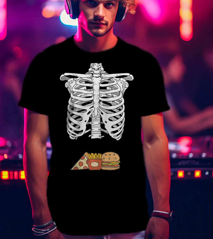 Skeleton Eating Pizza Fries And Burger T-Shirt
