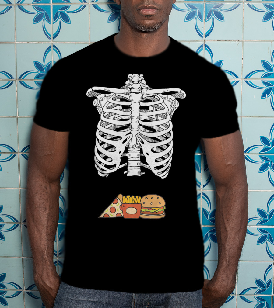 Skeleton Eating Pizza Fries And Burger T-Shirt