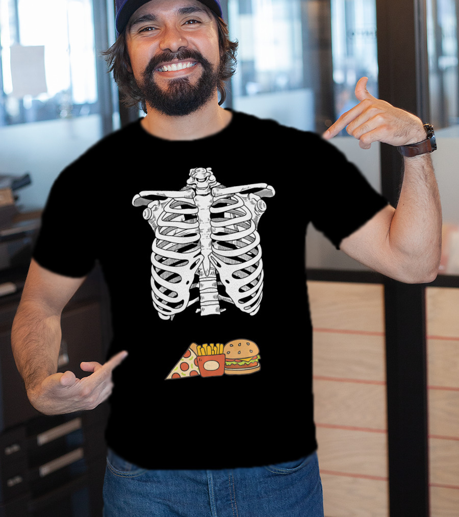 Skeleton Eating Pizza Fries And Burger T-Shirt