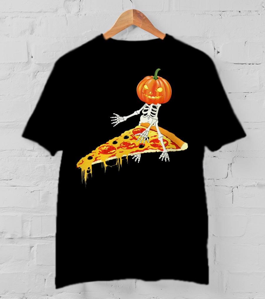 Pumpkin Head Skeleton Sitting On Pizza Slice With Pepperoni T-Shirt