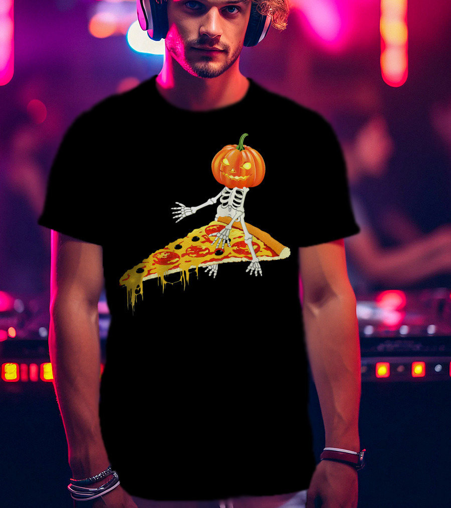 Pumpkin Head Skeleton Sitting On Pizza Slice With Pepperoni T-Shirt