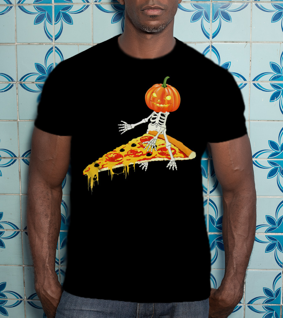 Pumpkin Head Skeleton Sitting On Pizza Slice With Pepperoni T-Shirt