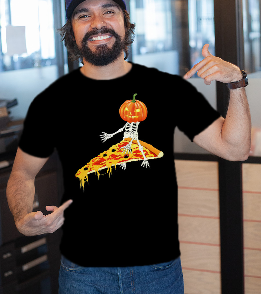 Pumpkin Head Skeleton Sitting On Pizza Slice With Pepperoni T-Shirt