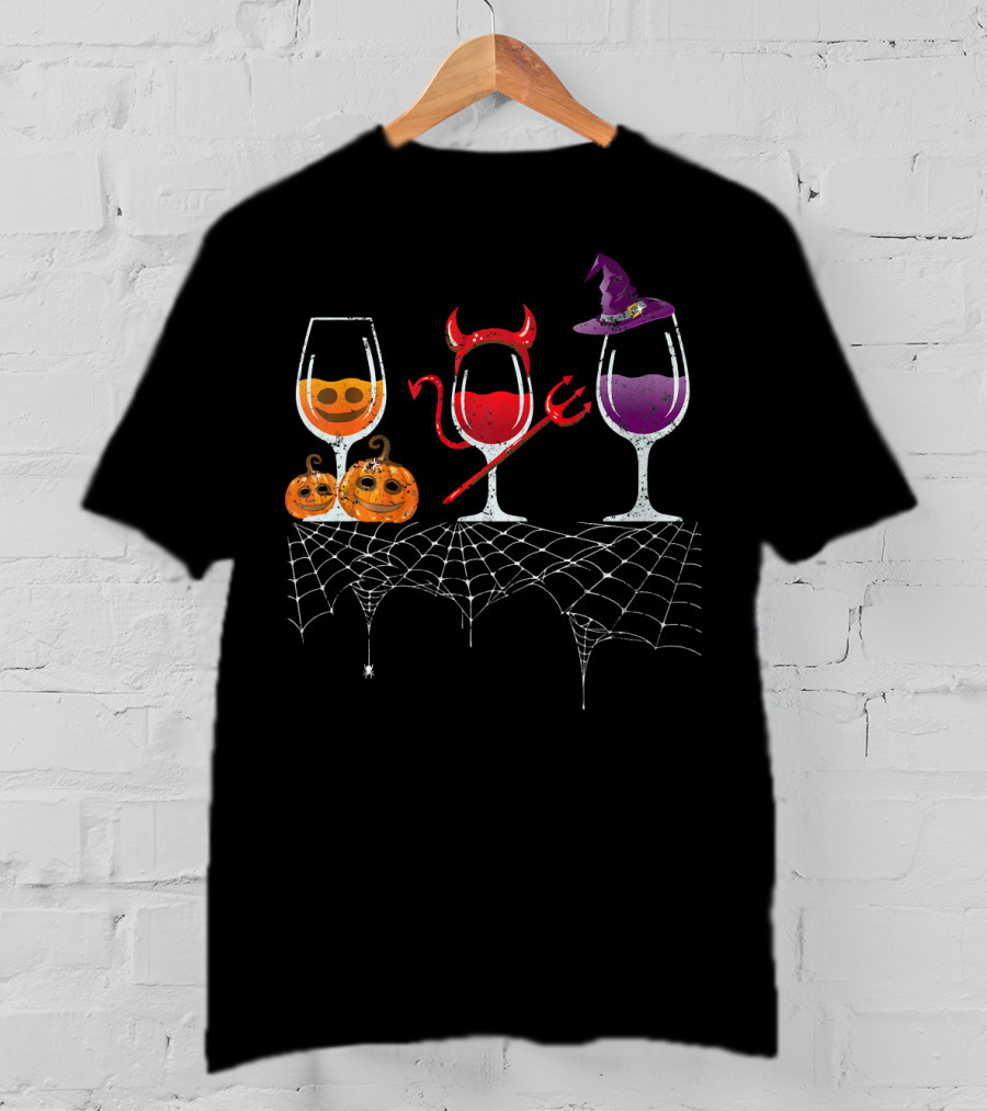 Vintage Halloween Red Devil Purple Witch Wine Glass Pumpkin Faces T-Shirt