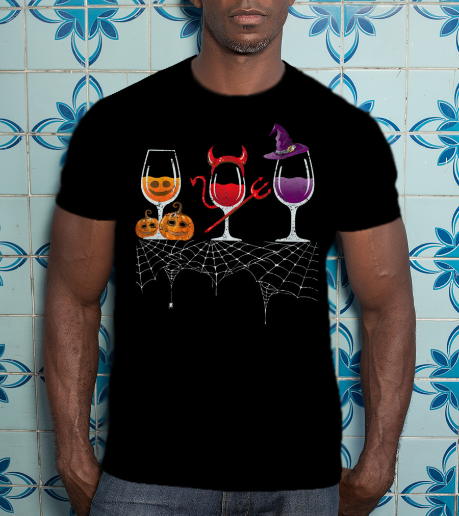 Vintage Halloween Red Devil Purple Witch Wine Glass Pumpkin Faces T-Shirt