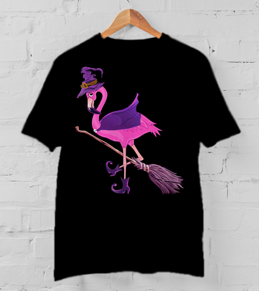 Flamingo Witch Riding Broomstick Funny Halloween T-Shirt