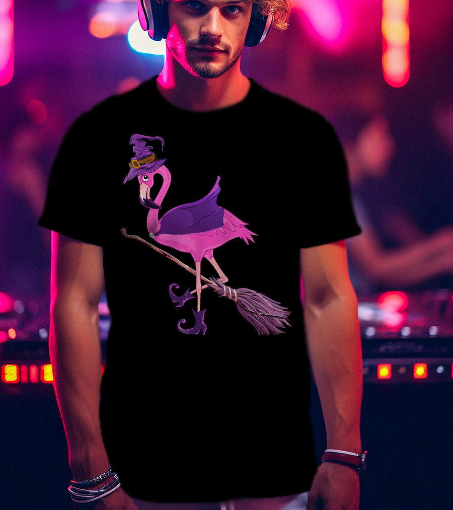 Flamingo Witch Riding Broomstick Funny Halloween T-Shirt