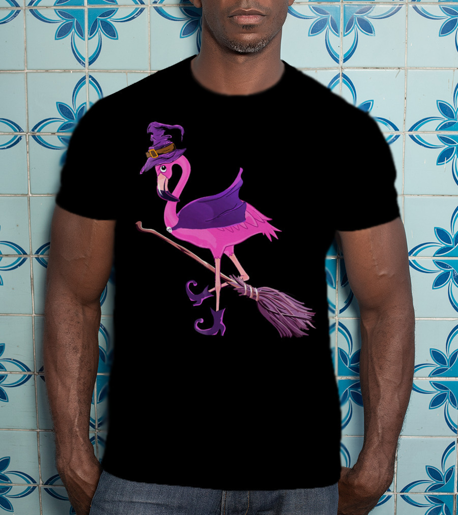Flamingo Witch Riding Broomstick Funny Halloween T-Shirt