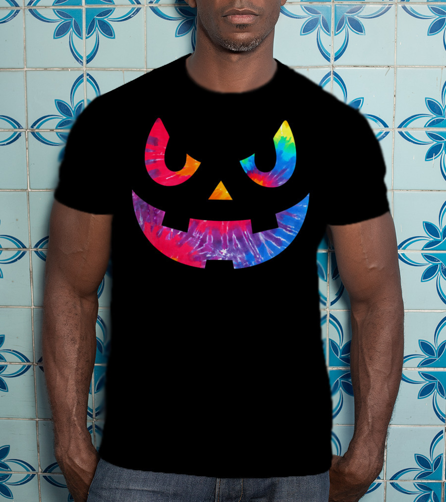 Scary Rainbow Tie Dye Jack O Lantern Face T-Shirt