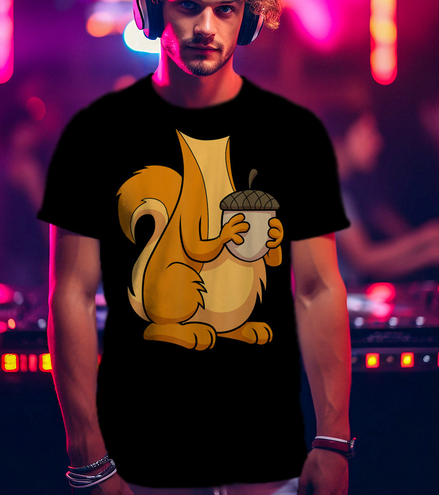 Squirrel Holding Acorn Cartoon T-Shirt