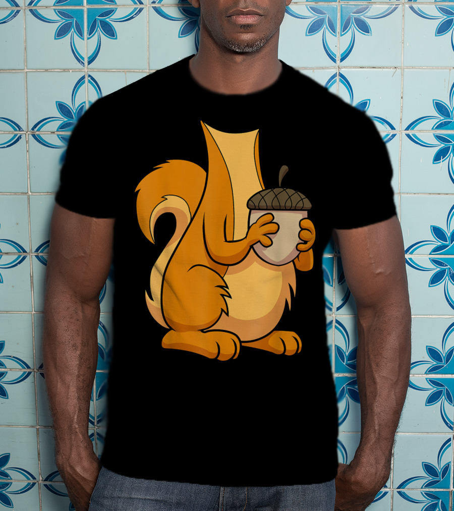 Squirrel Holding Acorn Cartoon T-Shirt