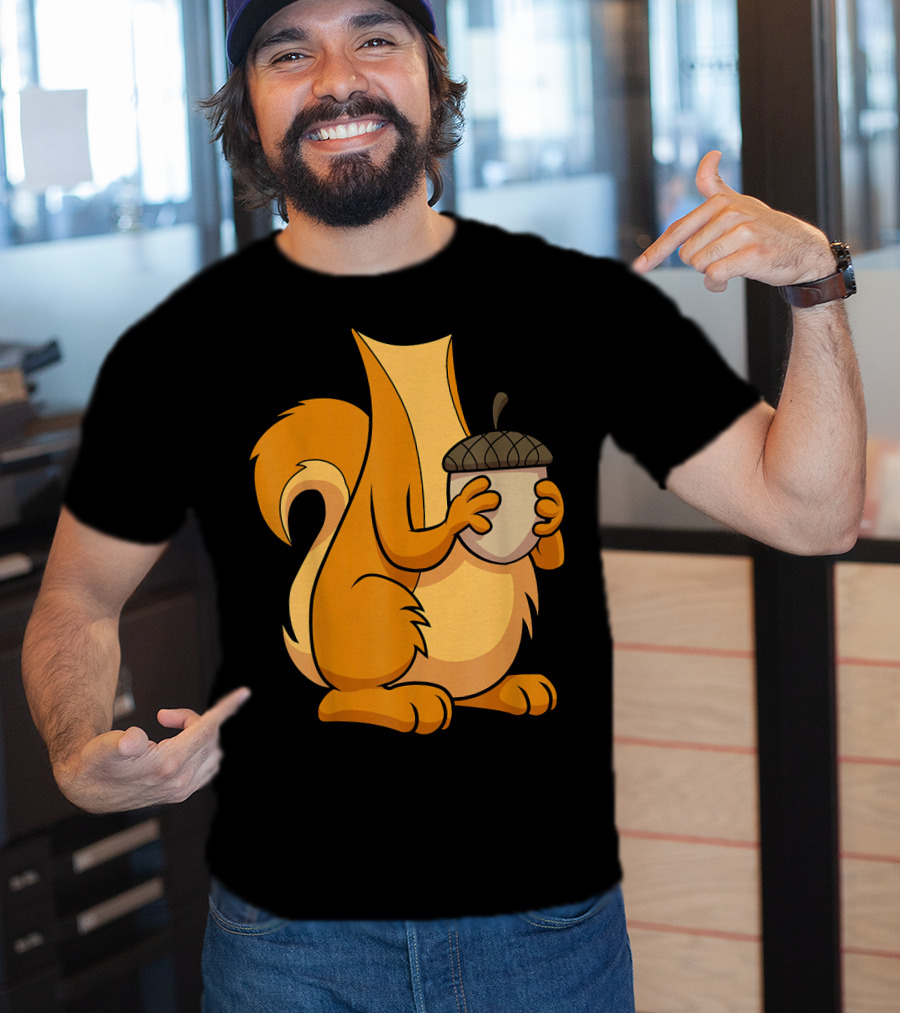 Squirrel Holding Acorn Cartoon T-Shirt
