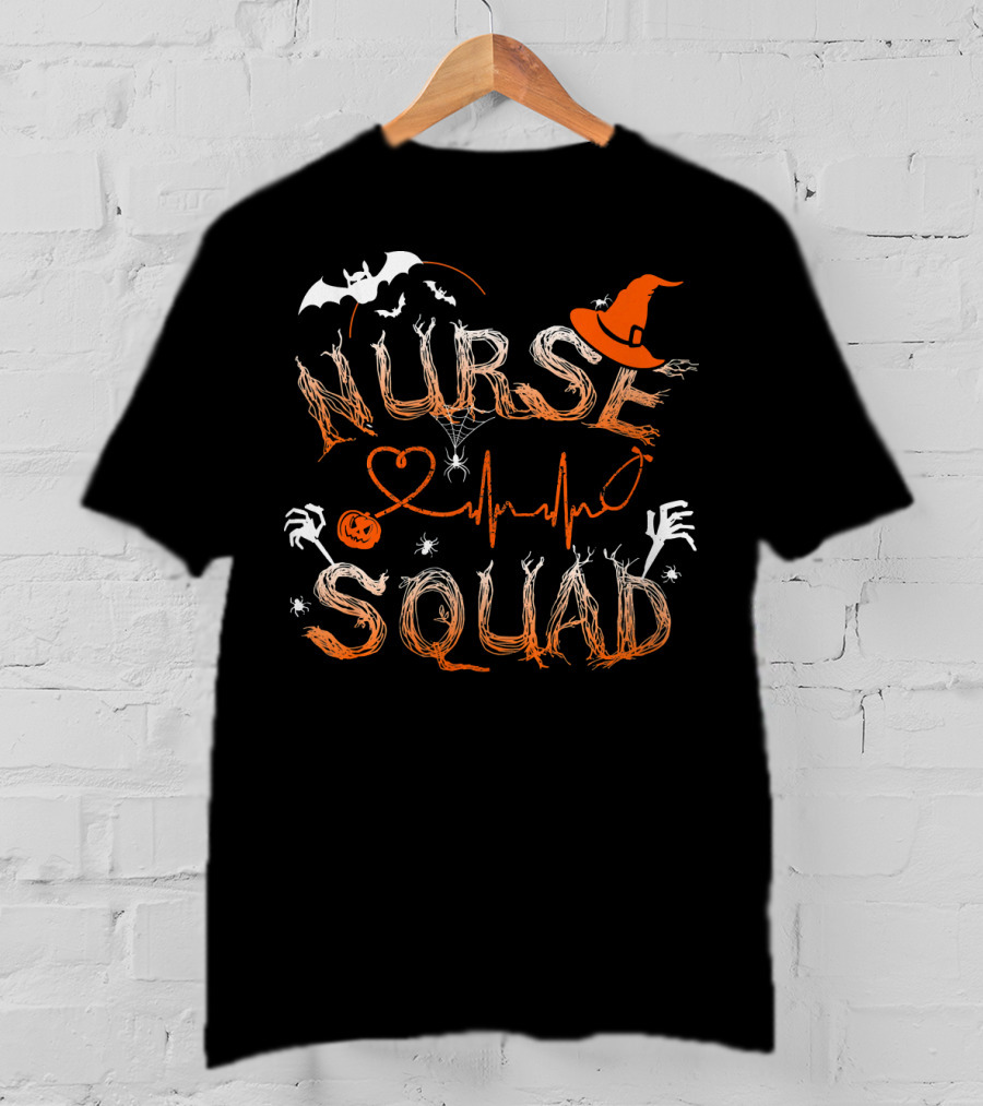 Nurse Squad Halloween Theme With Witch Hat And Bat Elements T-Shirt