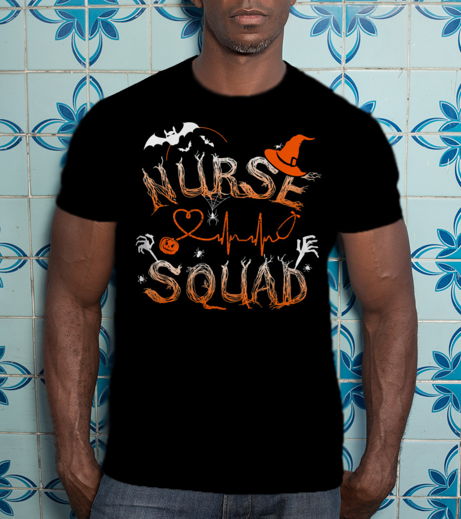 Nurse Squad Halloween Theme With Witch Hat And Bat Elements T-Shirt