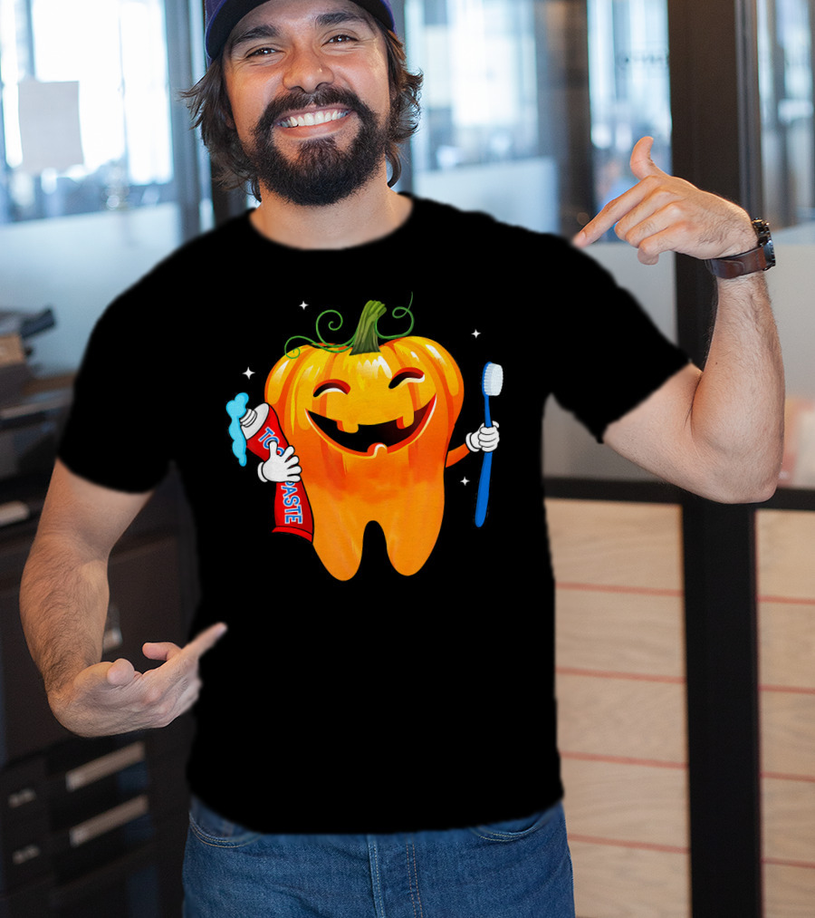 Dental Toothpaste Halloween Pumpkin With Toothbrush T-Shirt