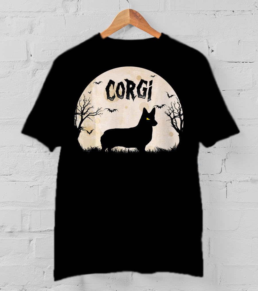 Corgi Halloween Horror Silhouette With Moon And Bats T-Shirt
