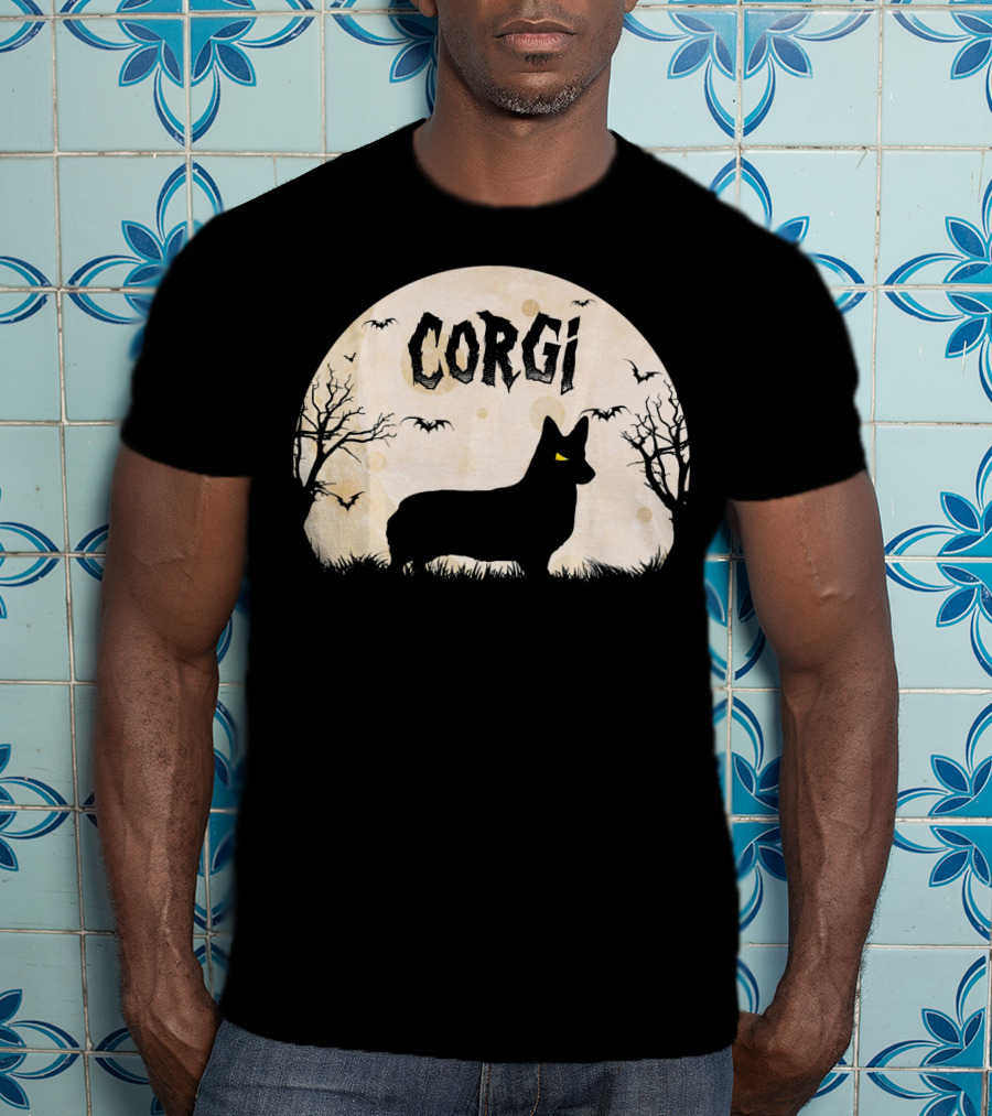 Corgi Halloween Horror Silhouette With Moon And Bats T-Shirt