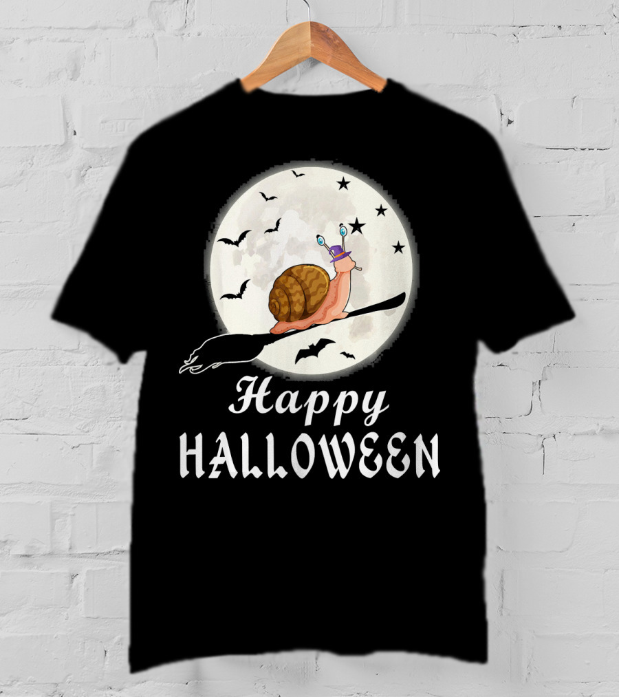 Happy Halloween Snail Riding Broomstick With Full Moon And Bats T-Shirt