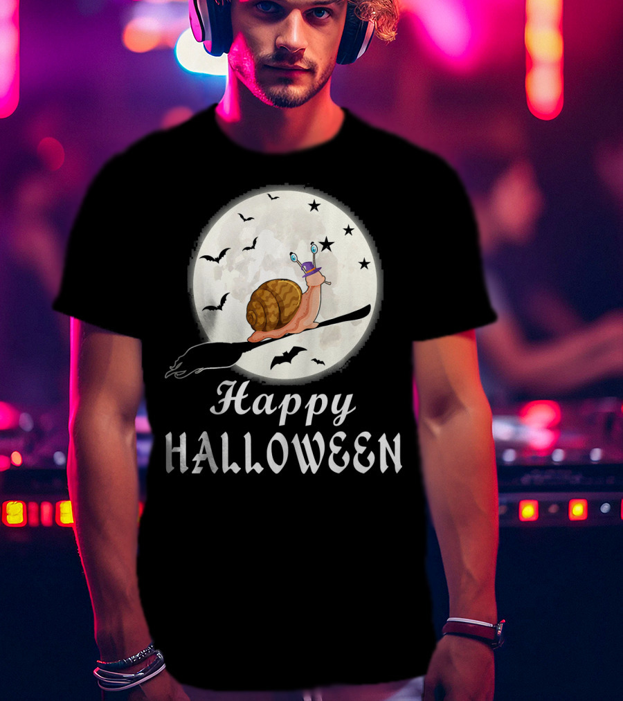 Happy Halloween Snail Riding Broomstick With Full Moon And Bats T-Shirt