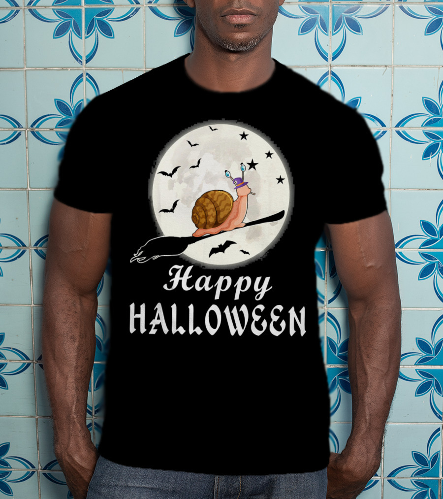 Happy Halloween Snail Riding Broomstick With Full Moon And Bats T-Shirt