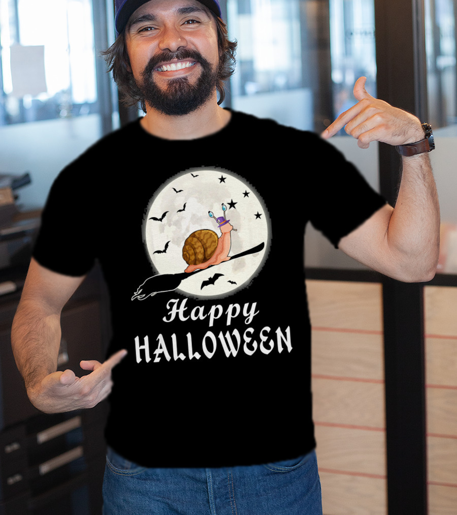 Happy Halloween Snail Riding Broomstick With Full Moon And Bats T-Shirt