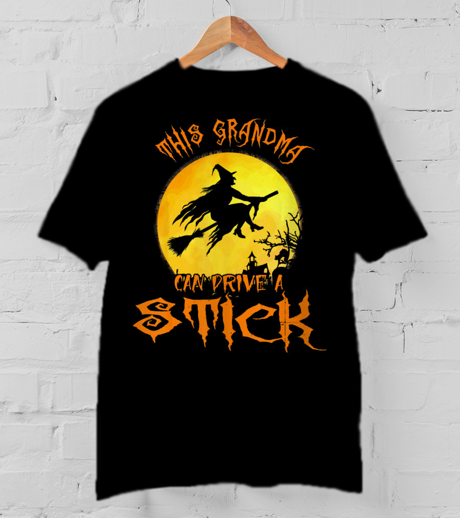 This Grandma Can Drive A Stick Witch Silhouette Flying Broomstick Full Moon Halloween Scene T-Shirt