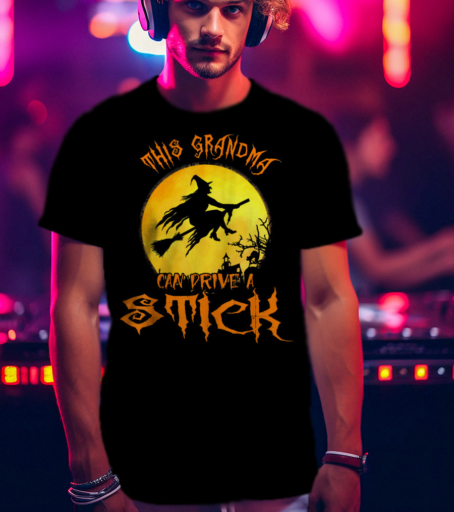 This Grandma Can Drive A Stick Witch Silhouette Flying Broomstick Full Moon Halloween Scene T-Shirt