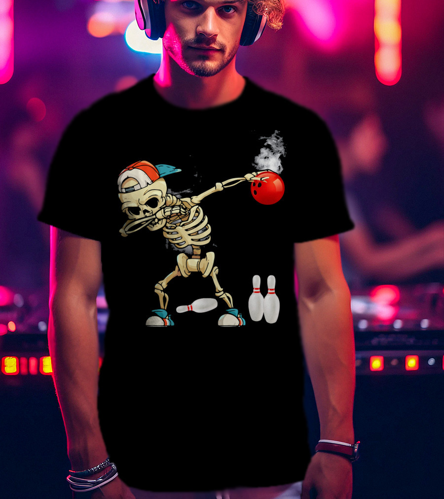 Dabbing Skeleton Holding Red Bowling Ball With Pins T-Shirt
