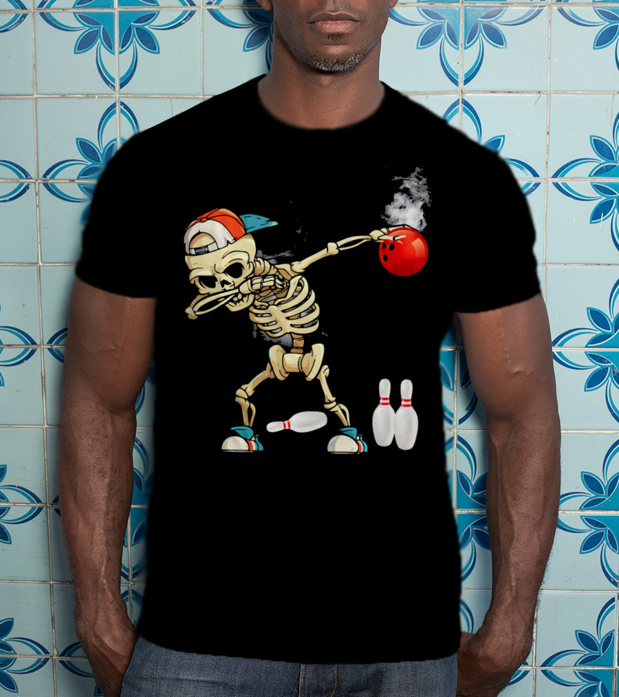 Dabbing Skeleton Holding Red Bowling Ball With Pins T-Shirt