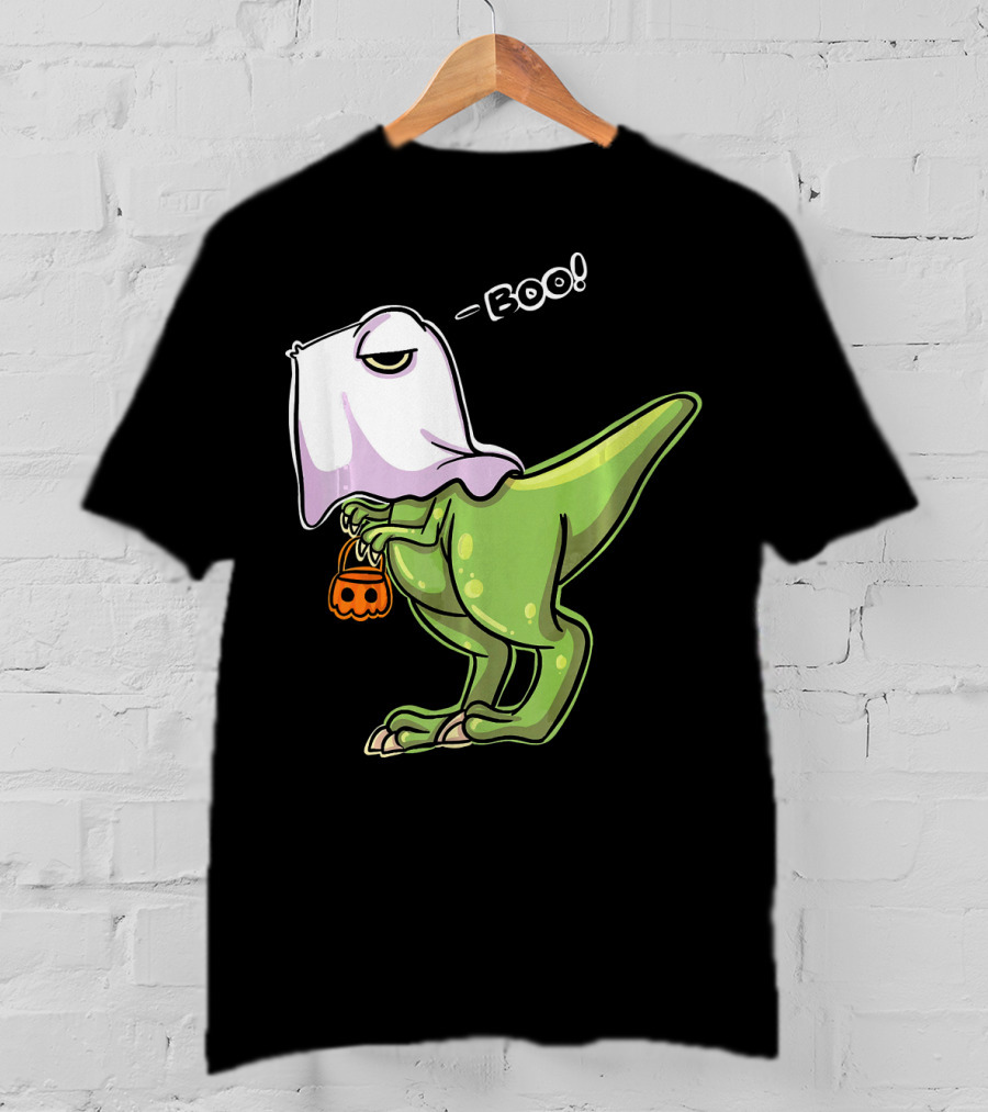 Funny Dinosaur Dressed As Halloween Ghost With Boo Text And Pumpkin T-Shirt