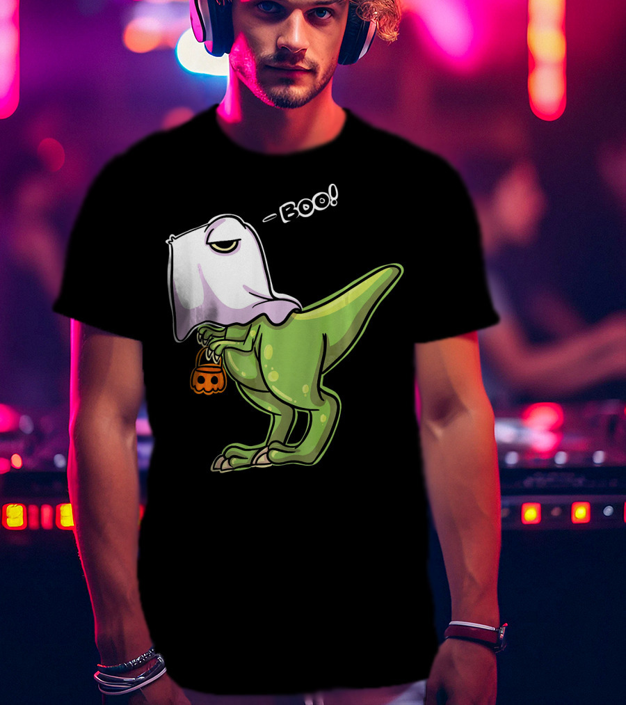 Funny Dinosaur Dressed As Halloween Ghost With Boo Text And Pumpkin T-Shirt