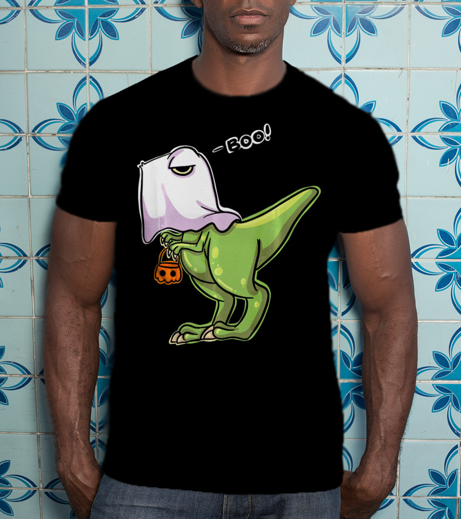 Funny Dinosaur Dressed As Halloween Ghost With Boo Text And Pumpkin T-Shirt