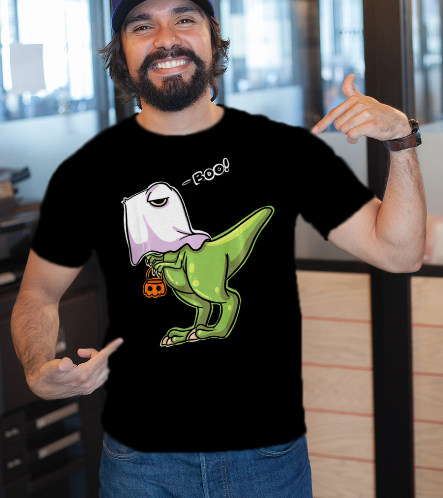Funny Dinosaur Dressed As Halloween Ghost With Boo Text And Pumpkin T-Shirt
