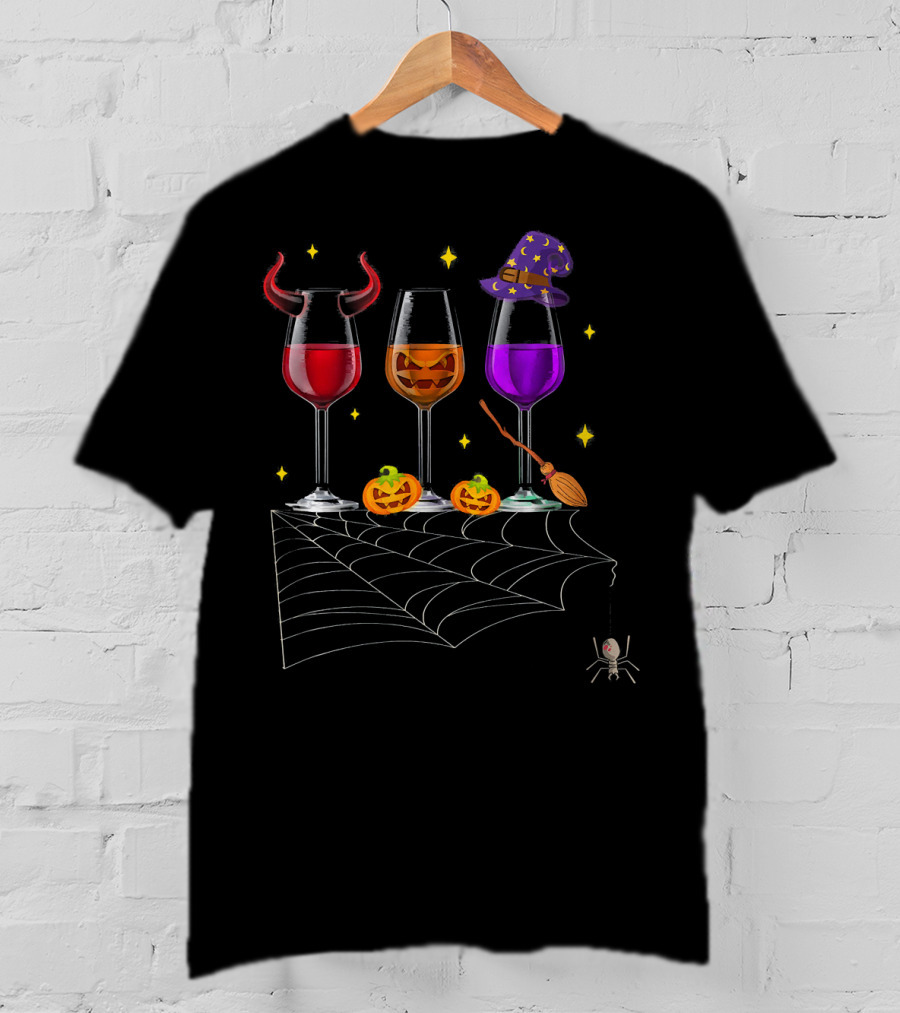 Halloween Wine Glasses Devil Witch Pumpkin Decor With Spider And Web T-Shirt