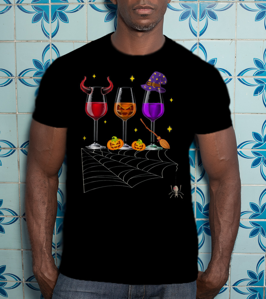 Halloween Wine Glasses Devil Witch Pumpkin Decor With Spider And Web T-Shirt