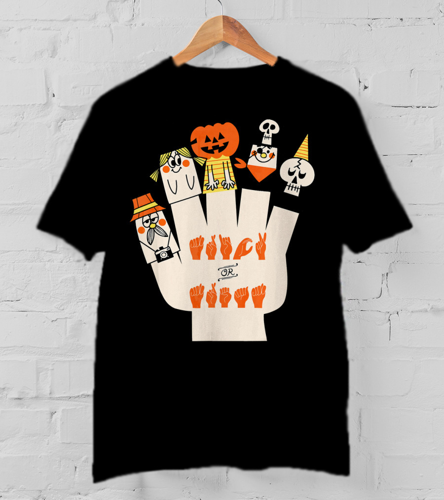 Trick Or Treat ASL Halloween Hand Signs With Pumpkin And Ghost Characters T-Shirt