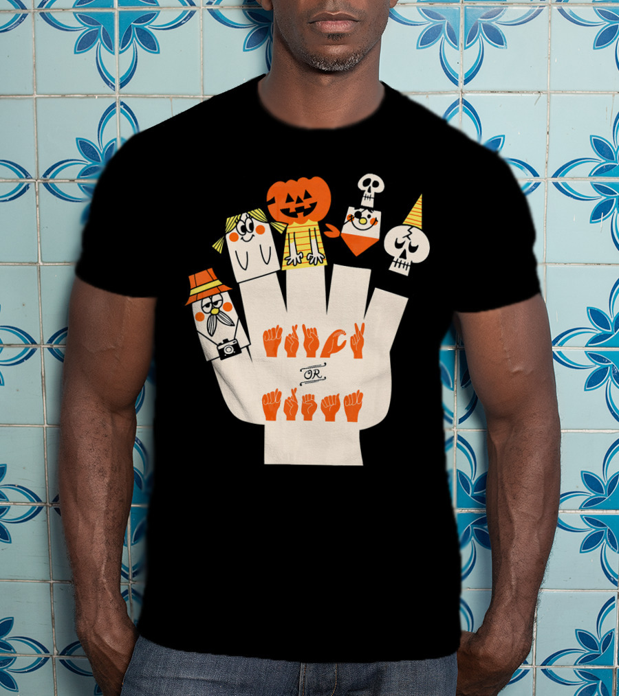 Trick Or Treat ASL Halloween Hand Signs With Pumpkin And Ghost Characters T-Shirt