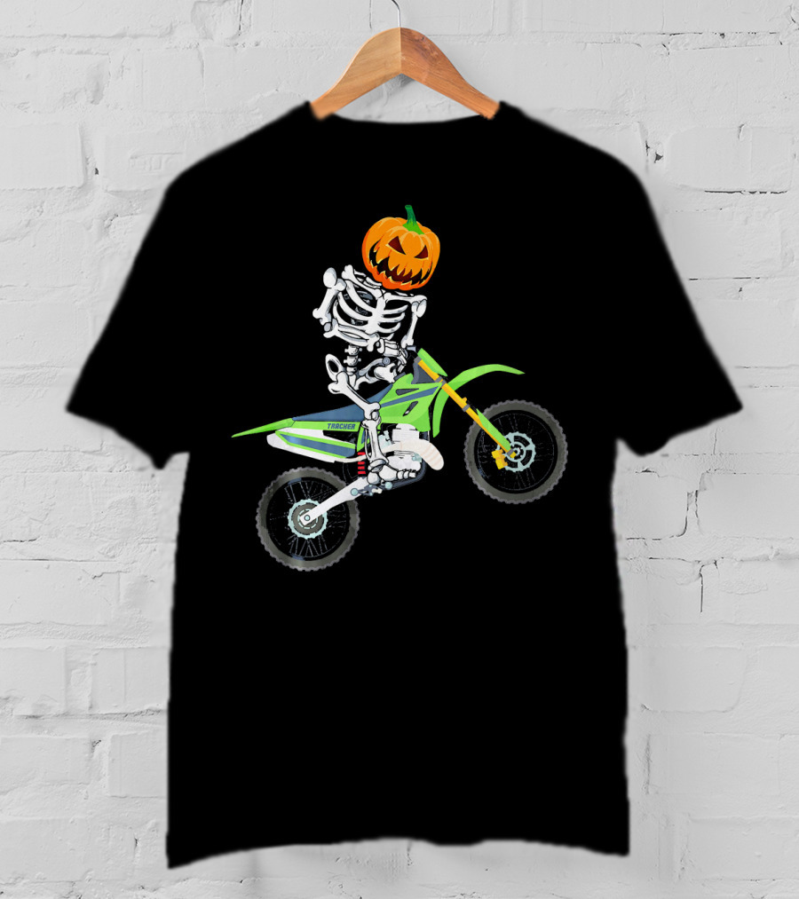 Skeleton Dirt Bike Halloween Pumpkin Rider T-Shirt