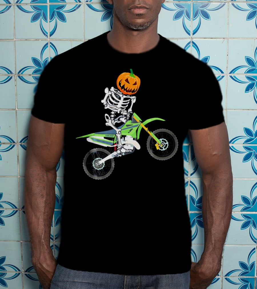 Skeleton Dirt Bike Halloween Pumpkin Rider T-Shirt
