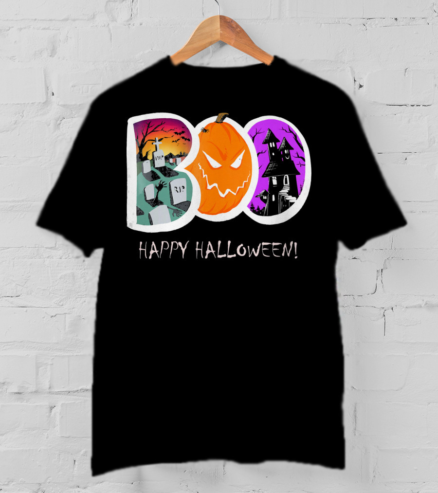 Happy Halloween Boo Trick Or Treat Pumpkin Graveyard Haunted House T-Shirt