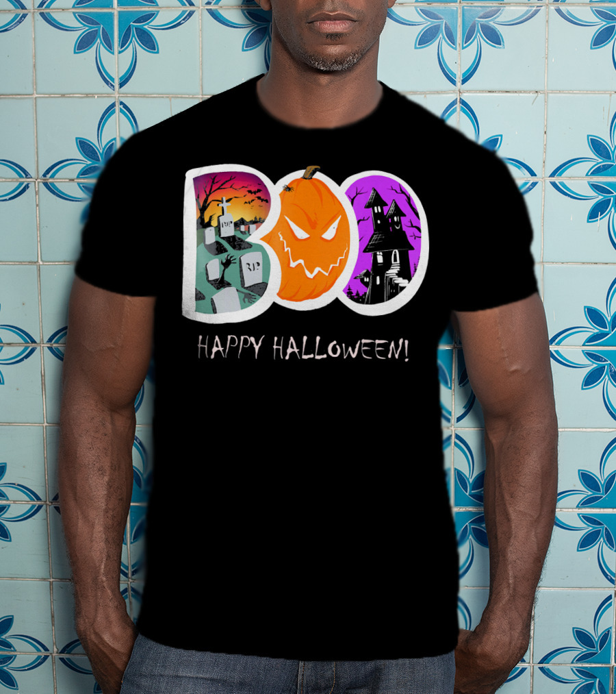 Happy Halloween Boo Trick Or Treat Pumpkin Graveyard Haunted House T-Shirt