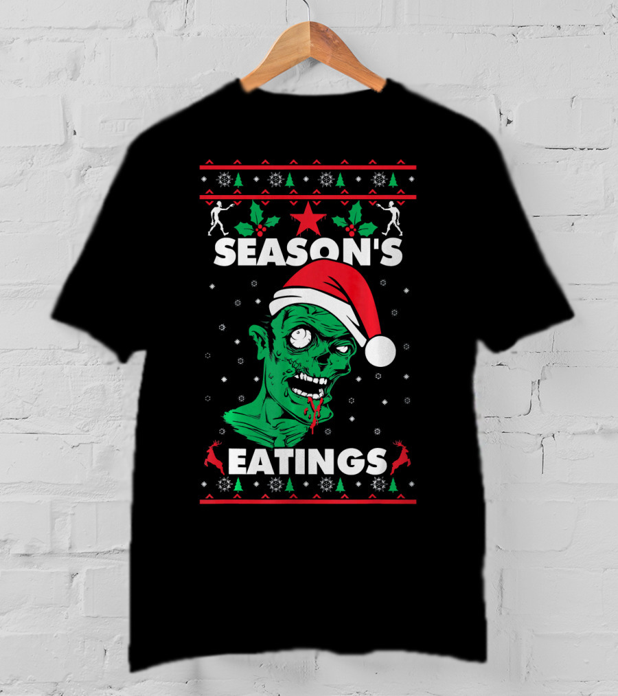 Season's Eatings Ugly Christmas Zombie Santa Hat Snowflakes T-Shirt