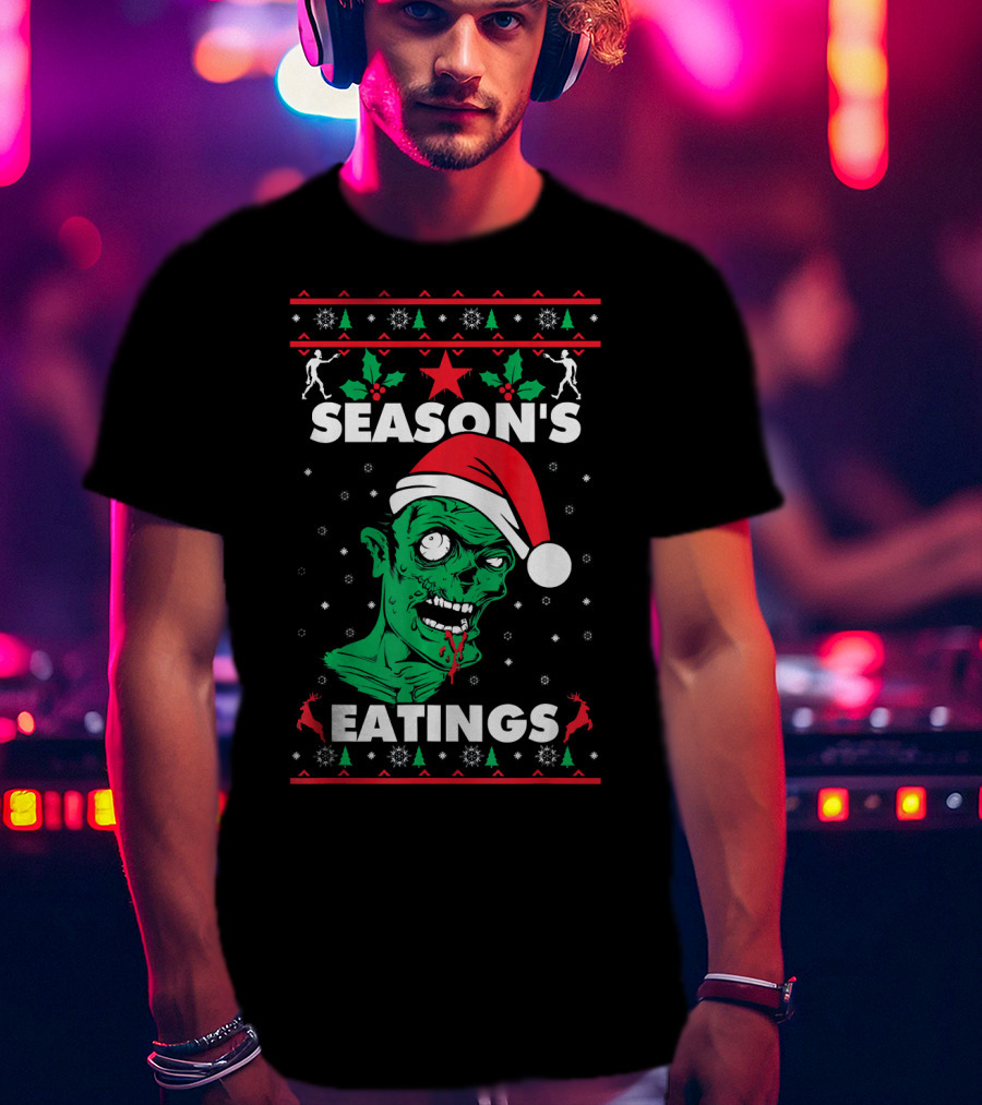 Season's Eatings Ugly Christmas Zombie Santa Hat Snowflakes T-Shirt