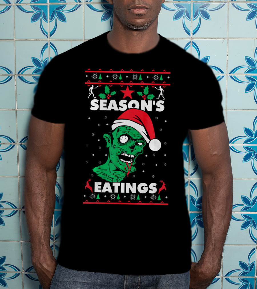 Season's Eatings Ugly Christmas Zombie Santa Hat Snowflakes T-Shirt