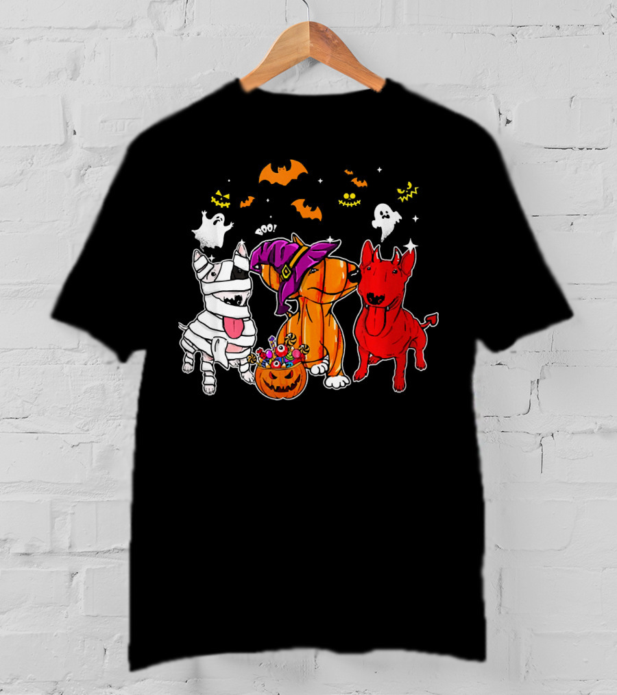 Adorable Bull Terrier Trio In Halloween Costumes With Spooky Ghosts And Bats T-Shirt