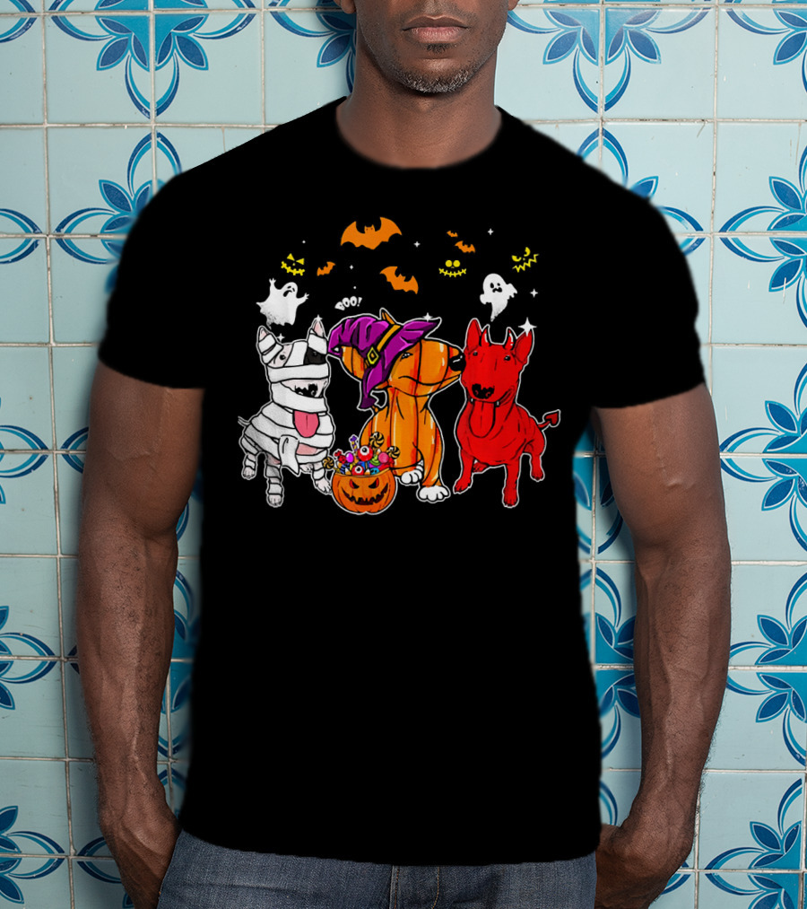 Adorable Bull Terrier Trio In Halloween Costumes With Spooky Ghosts And Bats T-Shirt