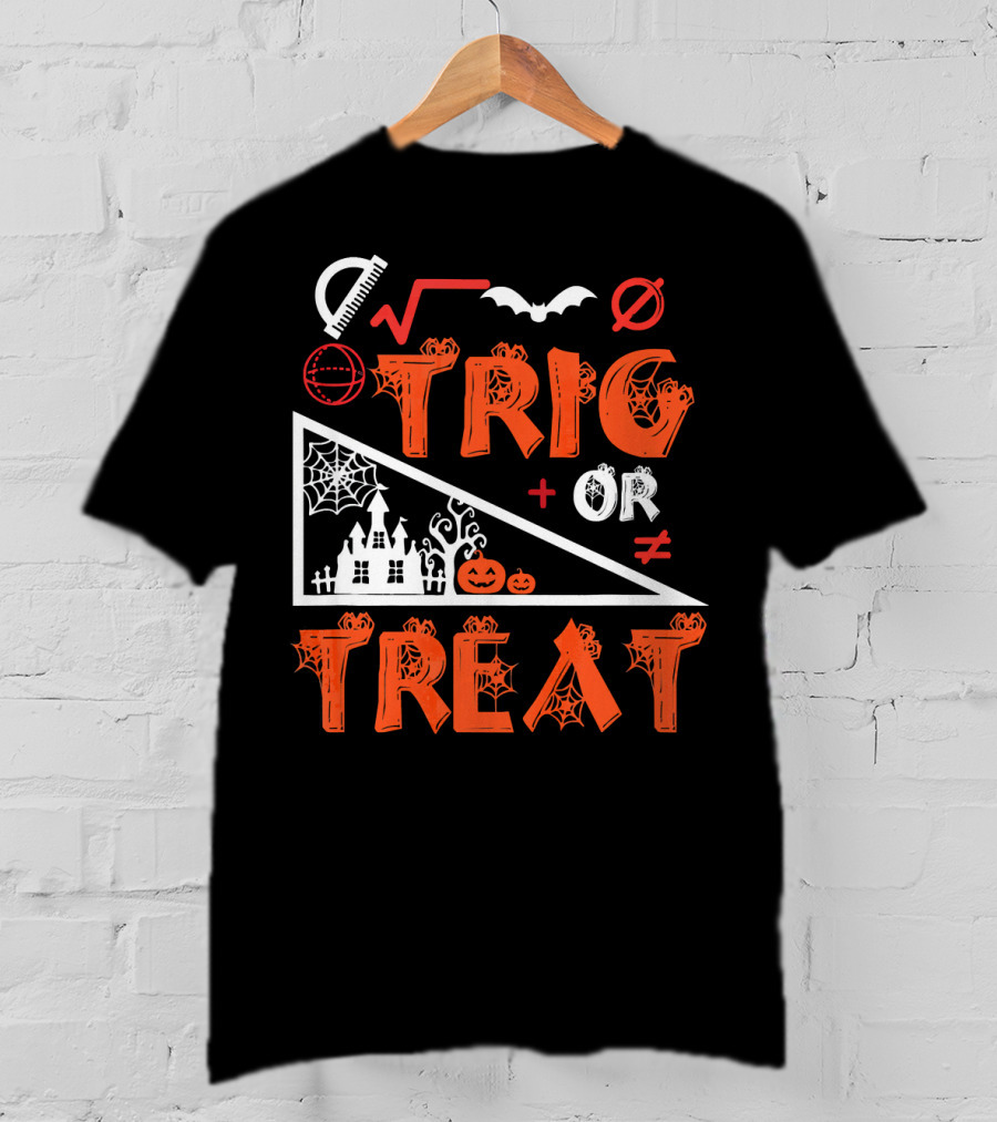 Trig Or Treat Math Halloween Costume Concept With Spooky Castle, Spider Webs, And Math Symbols T-Shirt