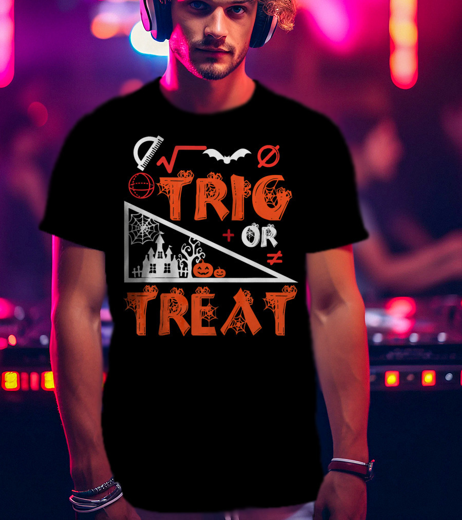 Trig Or Treat Math Halloween Costume Concept With Spooky Castle, Spider Webs, And Math Symbols T-Shirt