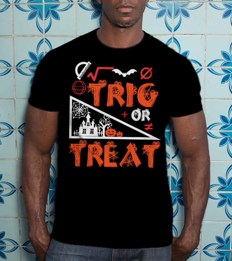 Trig Or Treat Math Halloween Costume Concept With Spooky Castle, Spider Webs, And Math Symbols T-Shirt